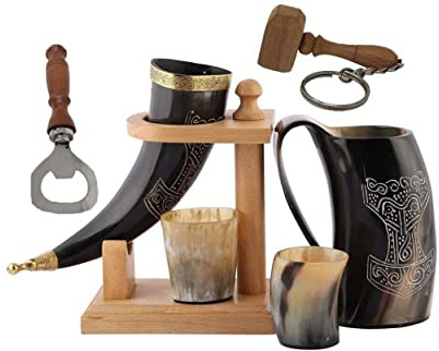 Viking Drinking OX Horn | Tankard | Mug | Cup for Ale, Beer, Mead, Wine, Shot Glass, Bottle Opener |100% Leak Free | Natural and Handmade | COMBO OFFERS (1 HORN WITH WOOD STAND COMBO)
