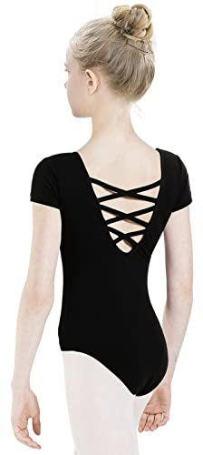 tanzdunsje Body Danza Bambina Donne Balletto Body Leotards Ragazze Ginnastica Leotards cotone manica corta,Nero 130