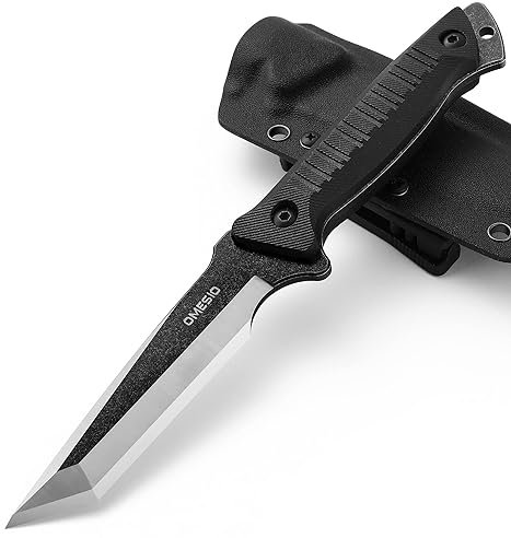 Omesio Tanto Couteau d'extérieur avec fourreau Kydex, couteau de survie Full Tang 420 Steel Stonewashed lame fixe Couteau de chasse, Poignée confortable G10 Noir
