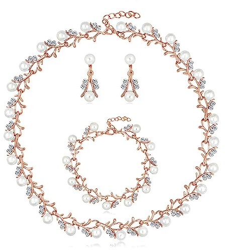 Loutade Jewellery Sets for Women, Pearl Crystal Necklace & Drop Earring & Bracelet Sets, Pearl Wedding Jewellery Set for Bride Bridesmaid, Rose Gold Bridal Women's Jewellery Set for Party Festival