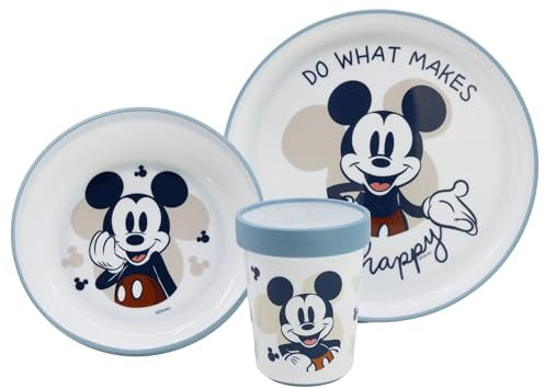Stor Mickey Mouse 3-teiliges zweifarbiges Premium-Kindergeschirr-Set Teller, Schüssel und Becher, BPA-frei, rutschfest, für Kinder, Baby