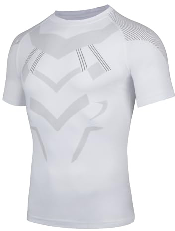 AMZSPORT Maglia Compressione Uomo Maglia Termica Manica Corta Maglietta Palestra Compression Shirt Ciclismo Sportiva Running, Bianco L