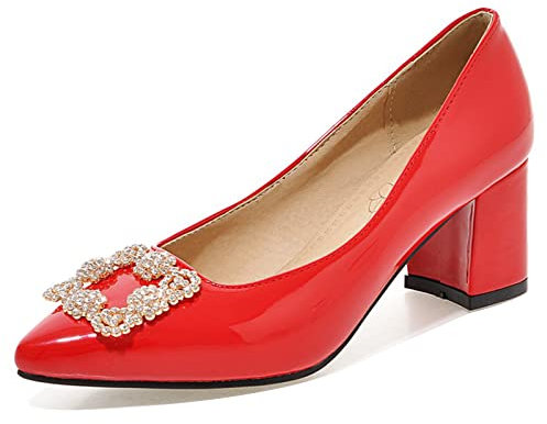 Gicoiz Womens Wedding Pointed Toe Block Heels Formal Court Shoes Slip On Comfort Bride High Heeled Glitter Pumps Patent Red Size 5-39