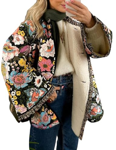 CocMouse Women Floral Printed Winter Loose Quilted Jacket Button Down Long Sleeve Padded Coat Vinatge Warm Outwear Streetwear (Black, L)