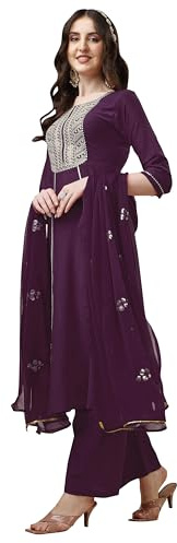 Aashita Creations - Pantalón Kurta de seda bordado con hilo bordado para mujer con Dupatta_265, Vino, M