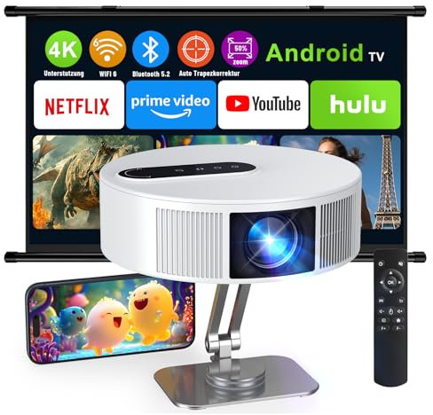 4K Proiettore Portatile Home Cinema Proiettore TV 360° Rotabile Staffa WiFi 6 Bluetooth 5.2 Correzione Trapezoidale Focus Elettrico Videoproiettore Compatibile con TV/USB/laptop/HDMI/iOS/Smartphone
