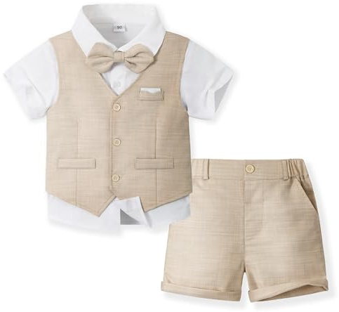 Volunboy 4-delar baby pojkar sommar bröllopskostym, småbarn formell klänning kläder outfit, kortärmad väst, shorts, skjortset, Ljus khaki, 18-24 Months