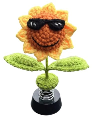 Handgefertigte Gestrickte Sonnenblumen Blume Auto Deko Wackelfigur Auto Sonnenbrille lächelnde Sonnenblume Heim Büro Armaturenbrett Dekoration Zubehör Auto Deko Innenraum für Frauen und Mädchen