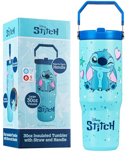 Get Trend Disney Stitch Insulated Tumbler Flip Up Straw & Handle, Metal Travel Water Bottle 850ml/30oz, Thermal Double Wall Vacuum, Hot & Cold Drinks (Blue Stitch)