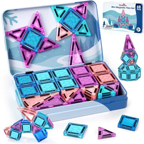 Dreamon Mini Bloc de Construction Magnétique Enfant 68PCS Thème Glace Et Neige Magnetic Tiles Jeux Magnetique Enfant avec Boîte en Métal Cadeaux pour Garçons Et Filles 3 4 5 6 7 Ans