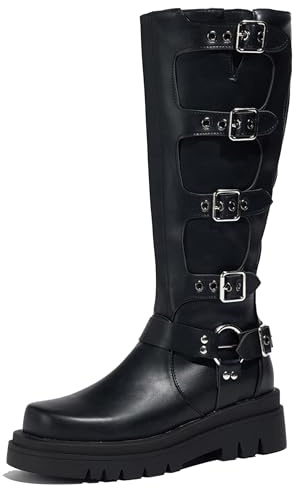LarDorLin Donna Moda Esteriore Knee High Equestrian Stivali con Imbracatura Comodo Punta Rotonda Inverno Fibbia Combat Booty Nero Numero 37 EU (38 CN)