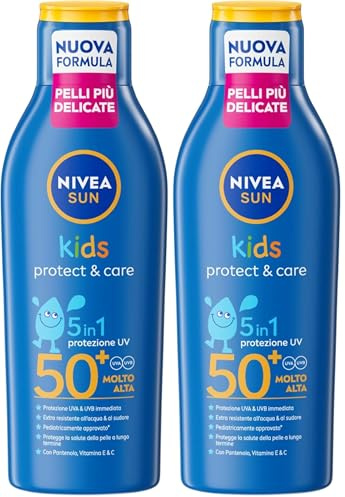 NIVEA SUN Kids Protect & Care SPF 50+ 200 ml, Crema solare 50 bambini 3+ anni per la pelle delicata, Protezione solare 50 bambini extra resistente all'acqua e al sudore con Pantenolo, Vitamina C & E