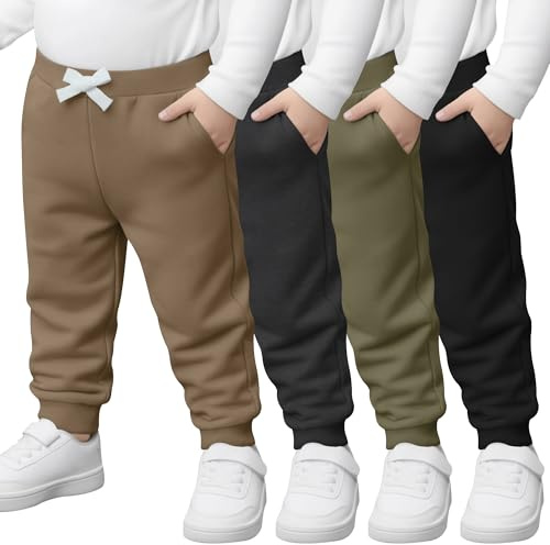 LessonZoo 4 Pack Toddler Boys Sweatpants Elastic Waist Drawstring Joggers with Side Pockets Tapered Pants for Kids(Black, Army Green, Dark Gray, Khaki,4 T)