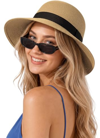 Zylioo Sombrero XXL de paja de verano para mujer, para cabeza grande, sombrero de paja para el sol, sombrero de playa con ala ancha, protección UV sombrero de verano, caqui, XL-XXL