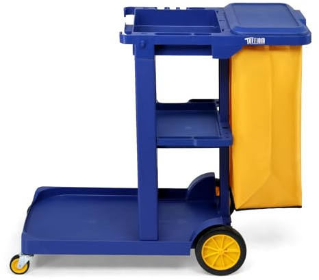 ROVSUN Carro de Limpieza Multifuncional con 3 estantes y Bolsa de Basura de 57 l, extraíble, Carrito de Servicio con Ruedas TPR para Limpieza, práctica Tapa abatible y Gancho para Colgar, 230 kg