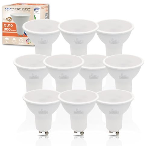LED ATOMANT Pack 10x Bombilla LED GU10 8W, Color Blanco Neutro (4500K), 800 Lumenes, Equivalente a 80W tradicional