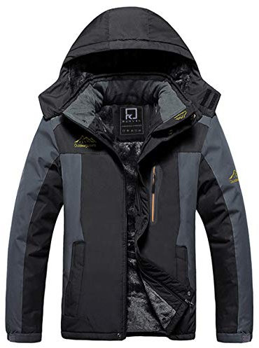 R RUNVEL Mens Waterproof Jackets Winter Coats for Men Walking Hiking Ski Rain Warm Fleece Outdoor Mountain Thermal Work Jackets with Hood Black UK Large
