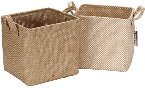 Sea Team 2 Pack Jute Cotton Linen Storage Basket Foldable Storage Basket with Handle Home Decoration Toiletries Stationery Toys Jewelry Beige 26*26*26CM