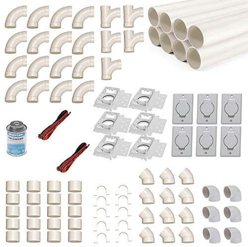crossvac Zentralstaubsauger Einbau-Set für 6 Saugdosen mit Rohren, Fittings & Co. - Montageset für den DIY-Einbau Einer Staubsaugeranlage - Saugdose Deckel rund rechteckig