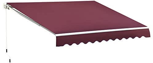 Outsunny 4 x 3 m Retractable Manual Awning, Anti-UV and Water Resistant Sun Shade Shelter with Fittings and Crank Handle, Aluminium Frame Outdoor Garden Patio Canopy, Wine Red
