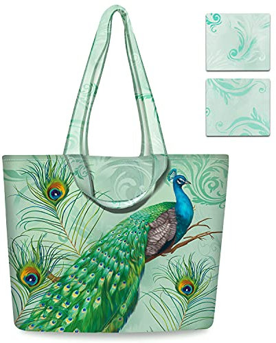 NymphFable 2 Stück Einkaufstasche Wiederverwendbare Grüne Pfau Tote Bag Groß Polyester Tragetasche