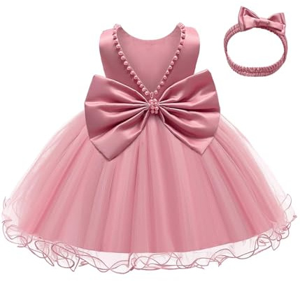 LZH Baby Girls Dresses Ruffle lace Backless with Headwear,Baby Girl Birthday Dress,Baby Girl Baptism Dress Party Wedding Pink