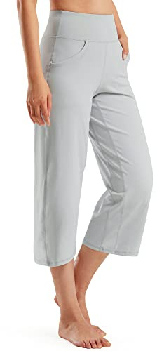 Promover Womens Capris Yoga Pants Summer Ladies 3/4 Trousers for Women UK Cropped Straight Wide Leg Trousers Women Stretch Work Trousers with Pockets