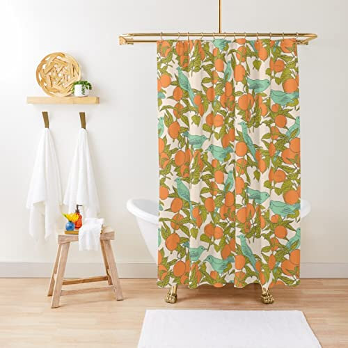 NHSY Oranges And Birds Pattern Beige Shower Curtain Fruit Grove Grapefruit Nectarines Mandarin Orange Tree Plant Printing Bathroom Decoration,220x180cm