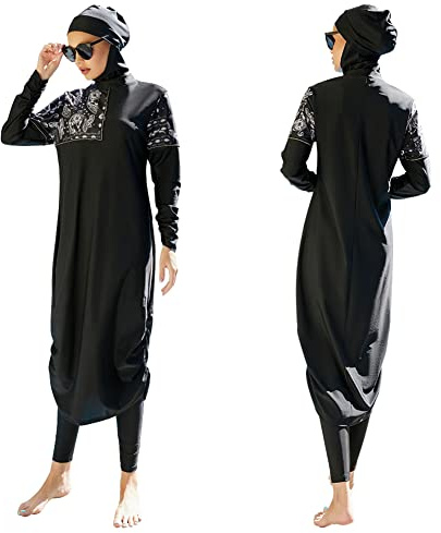 Odizli Costume da bagno da donna musulmano islamico Burkini a maniche lunghe Built in Bra+pantaloni da nuoto + Hijab 3 pezzi Full Cover Costume da bagno, 2 # nero., M