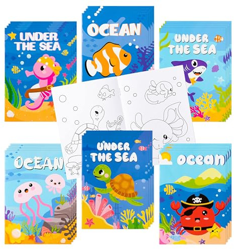 ANGOLIO Lot de 24 livres de coloriage d'animaux de l'océan pour enfants - Mini livres de dessin d'art pour requin, hippocampe, méduse sous le thème des animaux marins, maternelle, école, salle de