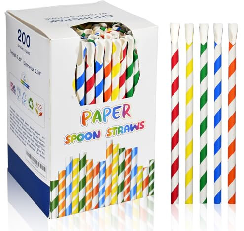 Cannucce usa e getta in carta con cucchiaio, cannucce di carta per slushy, frullati, frappè, bevande congelate, 20,0 x 0,8 cm, 200 pezzi, strisce colorate, biodegradabili