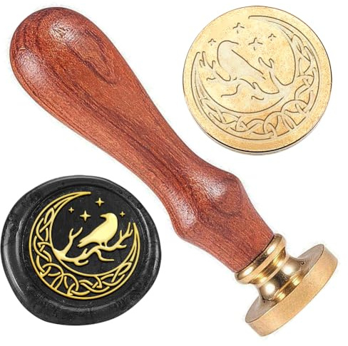 DELORIGIN Crow Moon Wax Seal Stamp Embossed Stamp Sealing Removable 1 Brass Wax Seal Stamp Head with Wooden Handle Wedding Invitations Envelopes Gift Packing Decoration Craft Adhesive Waxing