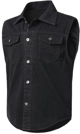 KTWOLEN Herrjeansväst vintage lös passform rocker ärmlös jeansväst för män utomhus biker väst jeans använd look motorcykelväst med knappslå, svart, M