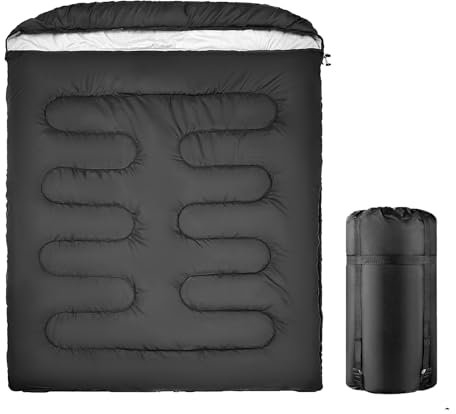 Blackpongo Double Sleeping Bag for Adults Men Women, XL Queen Size Two Person Sleeping Bag for All Season Camping Hiking Backpacking 2 Person Sleeping Bags for Cold Weather & Warm (Black)