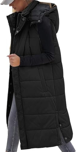 Vancavoo Gilet Donna Lungo Smanicato Invernale Giacca con Cappuccio Senza Maniche Caldo Piumino Lunga Imbottito Gilet con Tasche,Nero,M