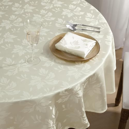 Romanska stilar rund bordsduk 160 cm krämfärgad tvättbar lyxig jacquard damask blommor vattenavvisande bordsduk höstdekoration för jul, fest, matsal, restaurang, nyårsafton
