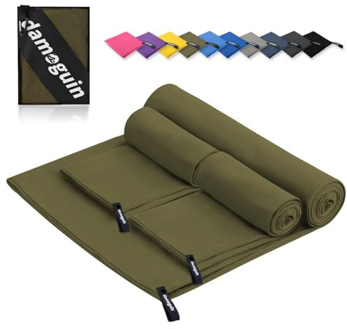 damoguin 3er-Set Mikrofaser Handtuch, Groß (180*80cm) & 2 Stück Klein (80*40cm) Schnelltrocknende Microfaser Fitness Handtücher, als Sporthandtuch, Strandtuch, Badetuch und Reisehandtuch (Armeegrün)