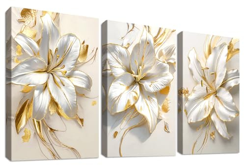 3 st träramar med guldvita liljor, väggkonst på canvas, gyllene ståndare, beige blommålning på canvas, tryck, bilder för vardagsrum, sovrum, hall, hem, väggdekoration, 120 x 60 cm (16” x 24” x 3 st)