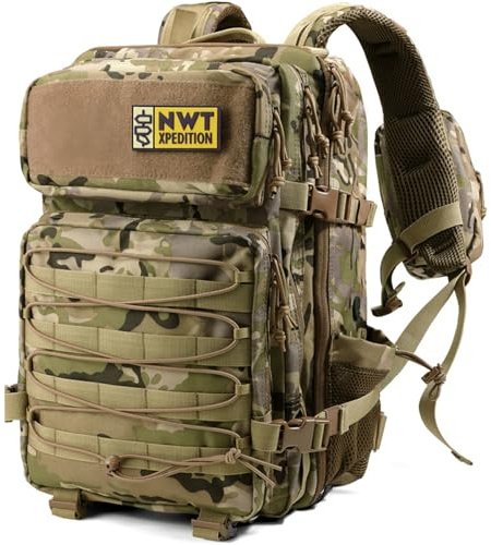 NWT XPEDITION Military Tactical Backpack,Sturdy Work & Molle Laptops Rucksack,Army Assault Pack for Hiking Camping Travel Fishing Gym, Camo