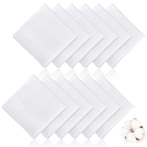 12 Pack Handkerchiefs for Men, 100% Soft Cotton White Hankies, Classic Reusable Men's Handkerchiefs, 15x15 Inch Pocket Hanky