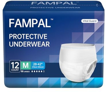 FAMPAL Vital Guard Adult Incontinence Pants for Men and Women, Disposable Pull-Up, Odor Control, Overnight Protection, Unisex, Medium, 48 Count (4 Packs of 12)