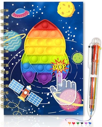 Diario para Niños con Pop-on-It y Bolígrafo, 21x14.5cm 80 Hojas Nave Espacial Poppets Cuaderno A5 Espiral con Bolígrafo de 6 Colore Juguete Fidget Pop Diario Secreto Niño para Regalo 5 6 7 8 9 10 Años