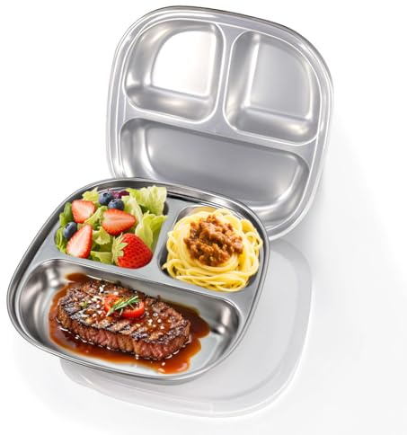 Square divided Plates for Adults (2 Packs), 304 Stainless Steel Portion Control Plate Sectioned with Dividers, 7.7IN Metal Food Separator Dinner Plates Lightweight Compartment BPA Free Reusable