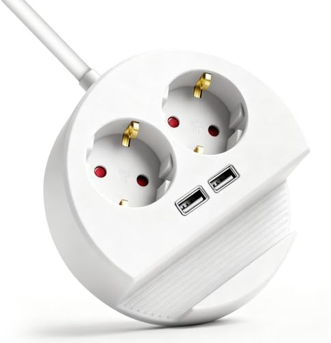 Steckdosenleiste 5 in 1 mit Handyhalterung, Mehrfachsteckdose mit 2 USB, 2 Fach Steckerleiste mit 3m Verlängerungskabel Flachstecker, steckdosenleiste mit USB für Wohnzimmer Schlafzimmer Büro Küche