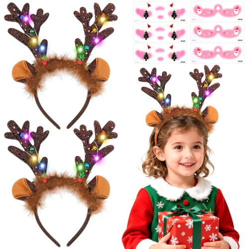 PlsMupn 2 Diadema Navidad, Diademas Navideñas con Luces Set Incluye 2 Pegatinas de Rubor, Diadema Reno Navidad, Diademas Navideñas con Cascabeles Apto para Niños y Adultos