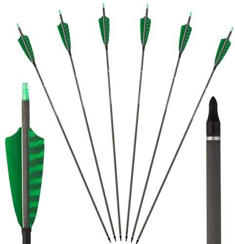 Toparchery 6 flèches en Carbone de 31 Pouces pour tir à l’Arc, flèches de Chasse avec Plumes Naturelles de 4 Pouces, Spine 400 pour Arc recurve et Arc Compound (Vert)