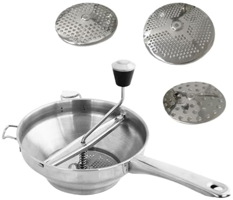 Molinillo de alimentos manual - 3 molinos de acero de disco, triturador de alimentos rotativo, versátil oso de cocina, fabricante de puré de frutas robusto, creador de salsa de consistencia fina |