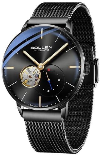 SOLLEN Automatikuhren Herren mit Skelettzifferblatt,Automatische Herrenuhren,Originales Mechanisches Uhrwerk,Leuchtend Selbstaufzug Herrenuhr mit Sekundenzeiger,Armbanduhren als Geschenk für Männer