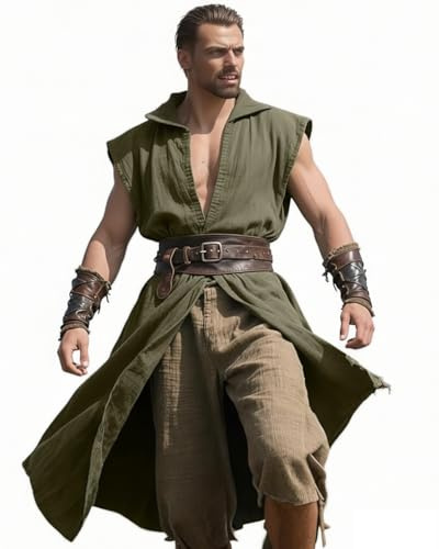 GOLDSTITCH Herr medeltida surcoat med huva renässans tabard för män halloween tunika kappa vikingadräkt