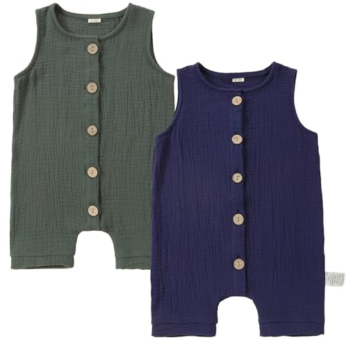 BETTERFUN 2 Pack Sleeveless Pure Cotton Baby Rompers, Unisex Baby Clothes, Spring Summer Baby Onesies 12-18 Months, Green/Blue